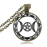 Pendant Triple Moon Goddess  Pentagram Necklace Witch Jewelry Glass Dome Wiccan Necklace Silver Chain Charm Wicca Jewellery