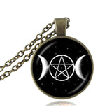 Pendant Triple Moon Goddess  Pentagram Necklace Witch Jewelry Glass Dome Wiccan Necklace Silver Chain Charm Wicca Jewellery