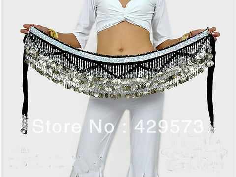 new-style belly dance tribal Belt Sexy India Egypt Performance Dancing Hip Scarf Belt  Black color silver coins on