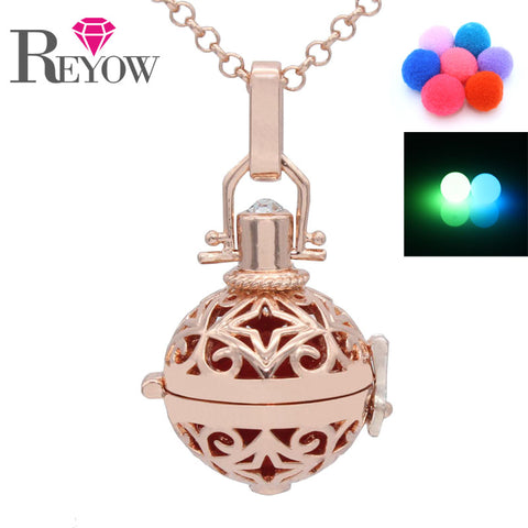 Noctilucence Glow Beads Rose Gold Hollow Flower Locket Pendant Chain Necklace Aromatherapy Fragrance Essential Oil Diffuser